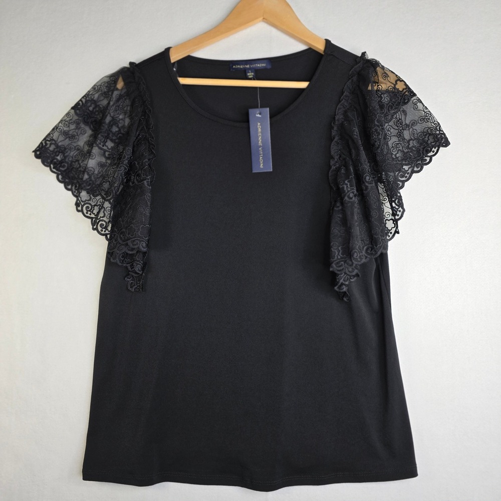 Adrienne Vittadini Black Lace Flutter Sleeve Knit Top VK34703 Size L NEW